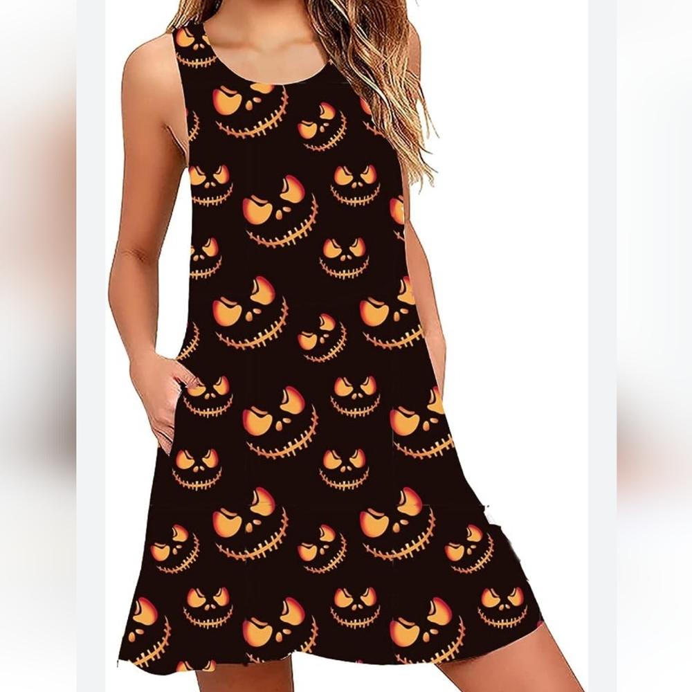 Halloween Pumpkin Face Black Midi Dress